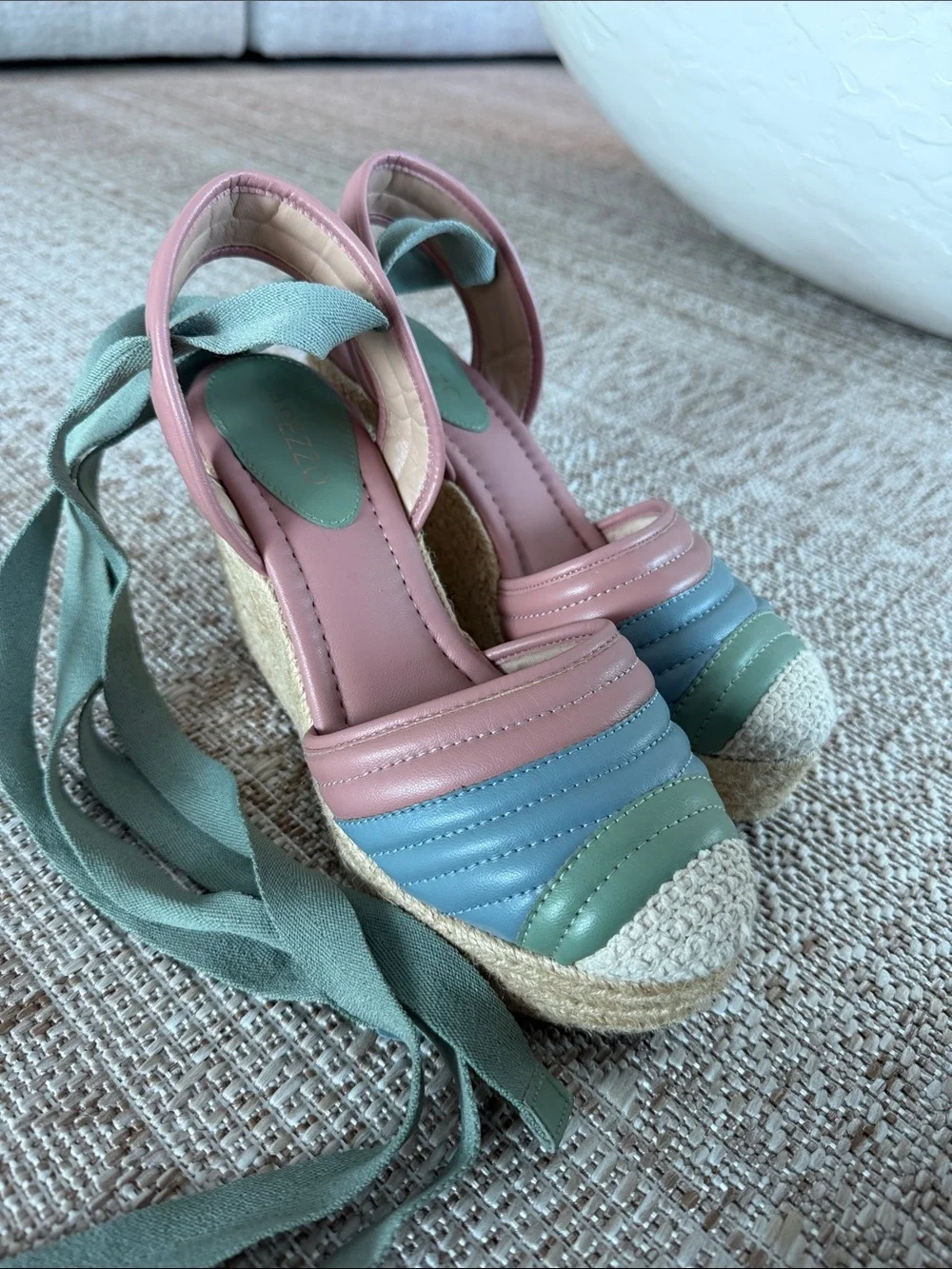 Pastel Pink & Mint Espadrille Wedge Sandals with Ankle Tie 7US